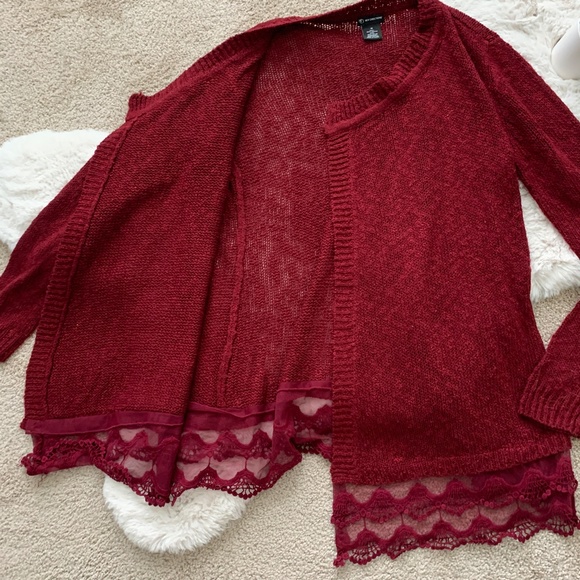 New Directions Maroon Open Front Lace Cardigan- M - Picture 9 of 11